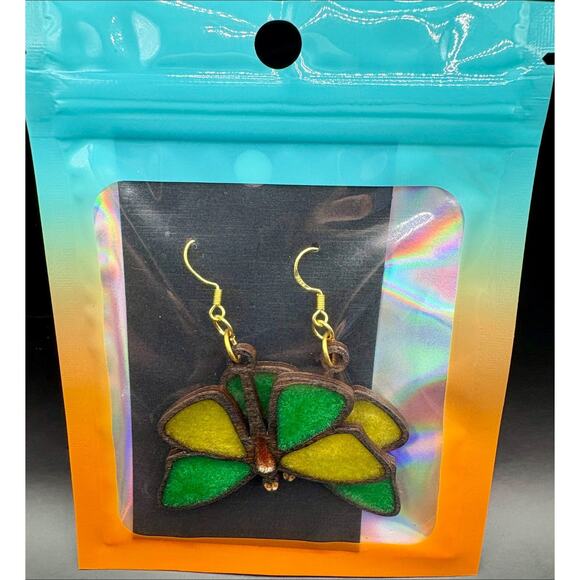 Butterfly Earrings By Registered Cherokee Artist Eric Walters - Wood & Resin - Picture 1 of 4
